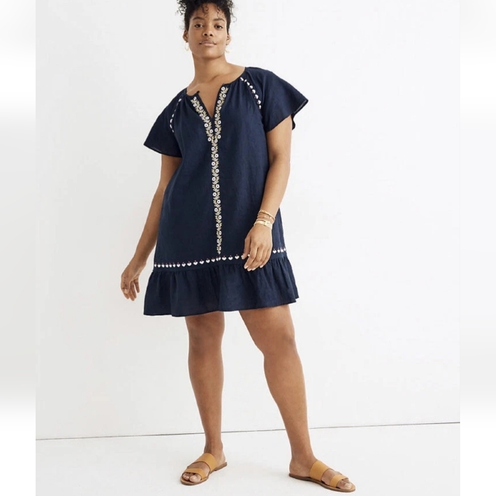 Madewell Embroidered Linen-Blend Raglan Ruffle Mini Dress In Deep Navy - Picture 2 of 8